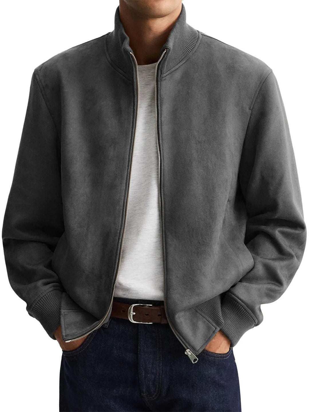 Herren stilvolle Wildlederjacke mit hohem Kragen und praktischen Taschen Echoarchiv