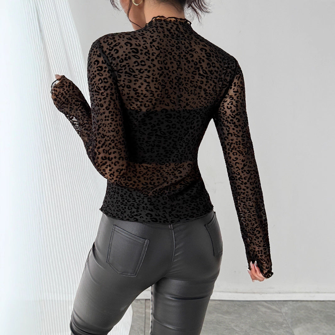 Damen nan eng anliegendes Transparenz-Mesh-Top mit erhabenem Samtflock-Leoprint und Stehkragen Echo Archiv