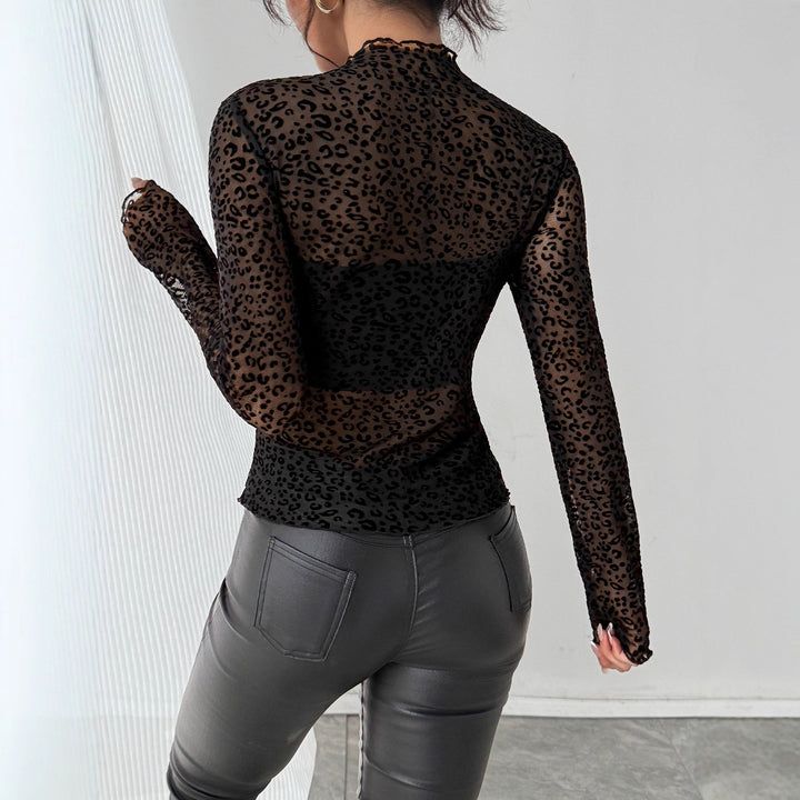 Damen nan eng anliegendes Transparenz-Mesh-Top mit erhabenem Samtflock-Leoprint und Stehkragen Echo Archiv
