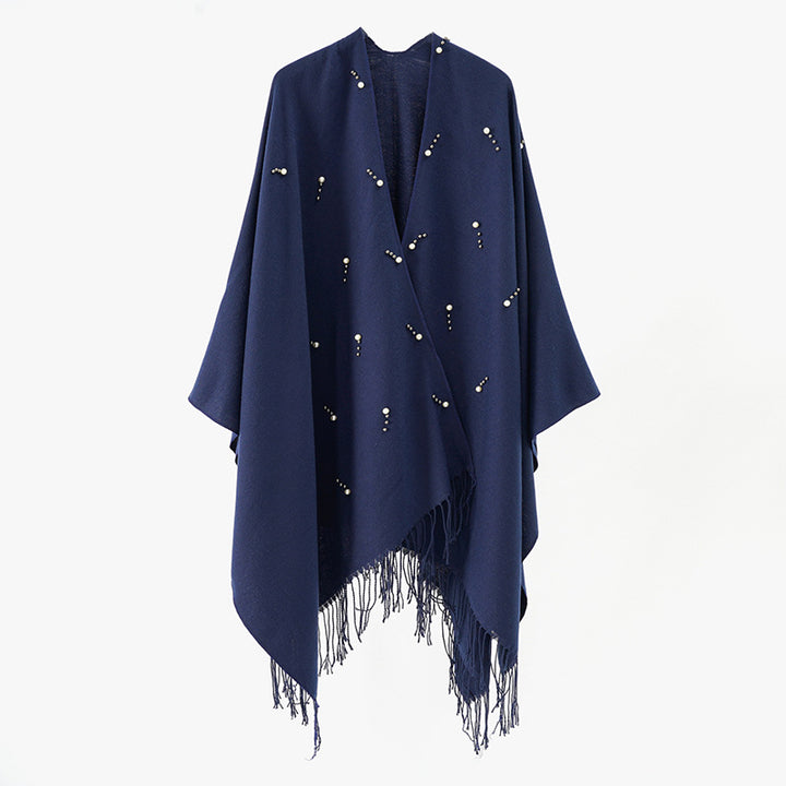 Damen Eleganter bestickter Wollmix-Poncho‑Cape mit Perlenbesatz – Avérine