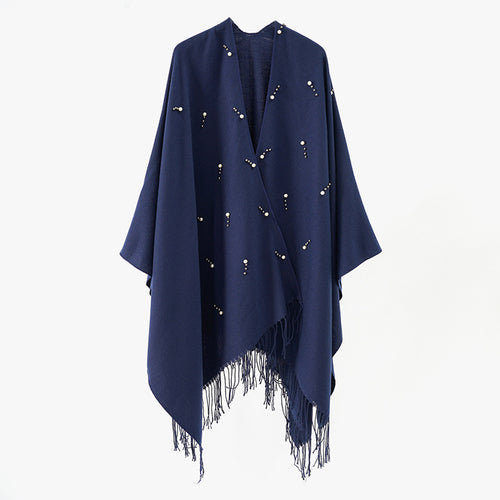Damen Capeponcho mit Perlenbesatz und Fransensaum aus Wollmix Echo Archiv