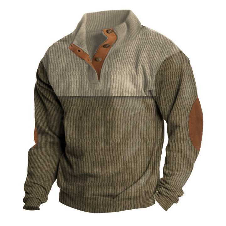 Herren nan gerippter Pullover mit Stehkragen, Knopfleiste und Ellbogen-Patches Echo Archiv