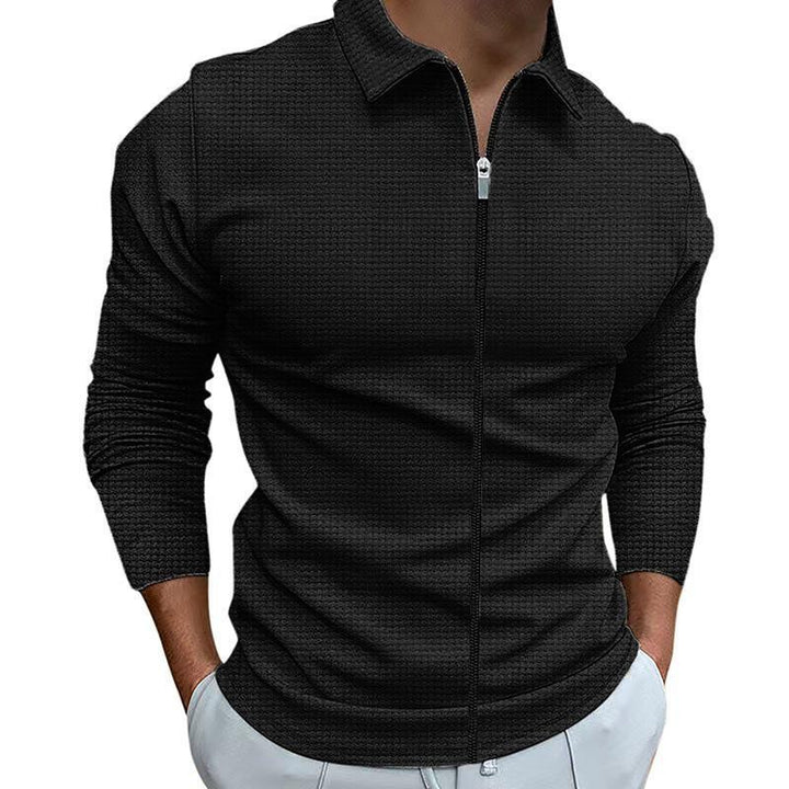 Herren nan texturiertes Slim-Fit Langarm-Poloshirt mit Frontreißverschluss und Hemdkragen Echo Archiv