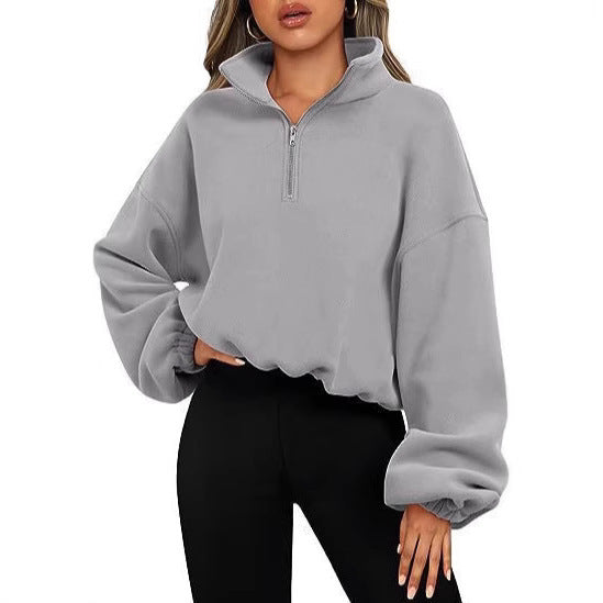 Damen nan kurz geschnittenes Halbzip-Sweatshirt mit hohem Stehkragen, Ballonärmeln und elastischem Saum Echo Archiv