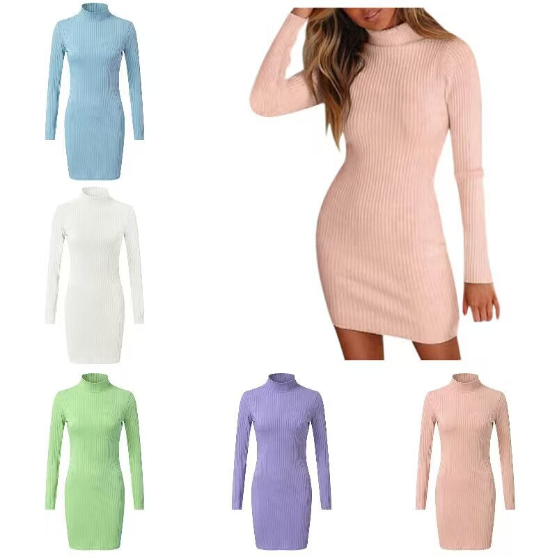 Damen Enganliegendes geripptes Strick-Minikleid mit Rollkragen und langen Ärmeln Echo Archiv