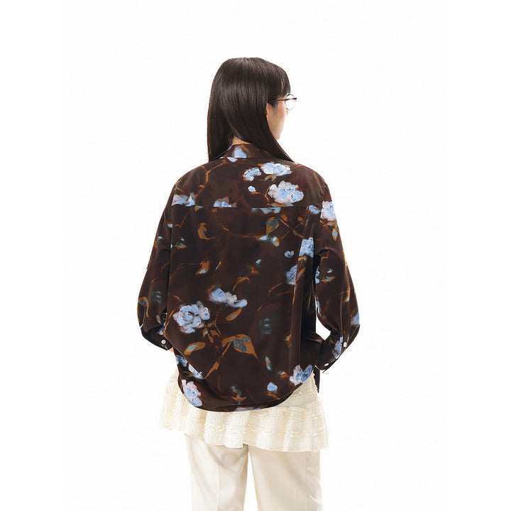 Damen Oversize-Hemdbluse mit abstraktem Blumenprint und aufgesetzter Brusttasche Echoarchiv