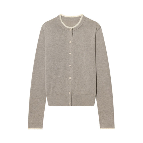 Damen kurz geschnittene Feinstrick-Cardigan mit Rundhalsausschnitt, durchgehender Knopfleiste und feiner Spitzenkante – Veloura