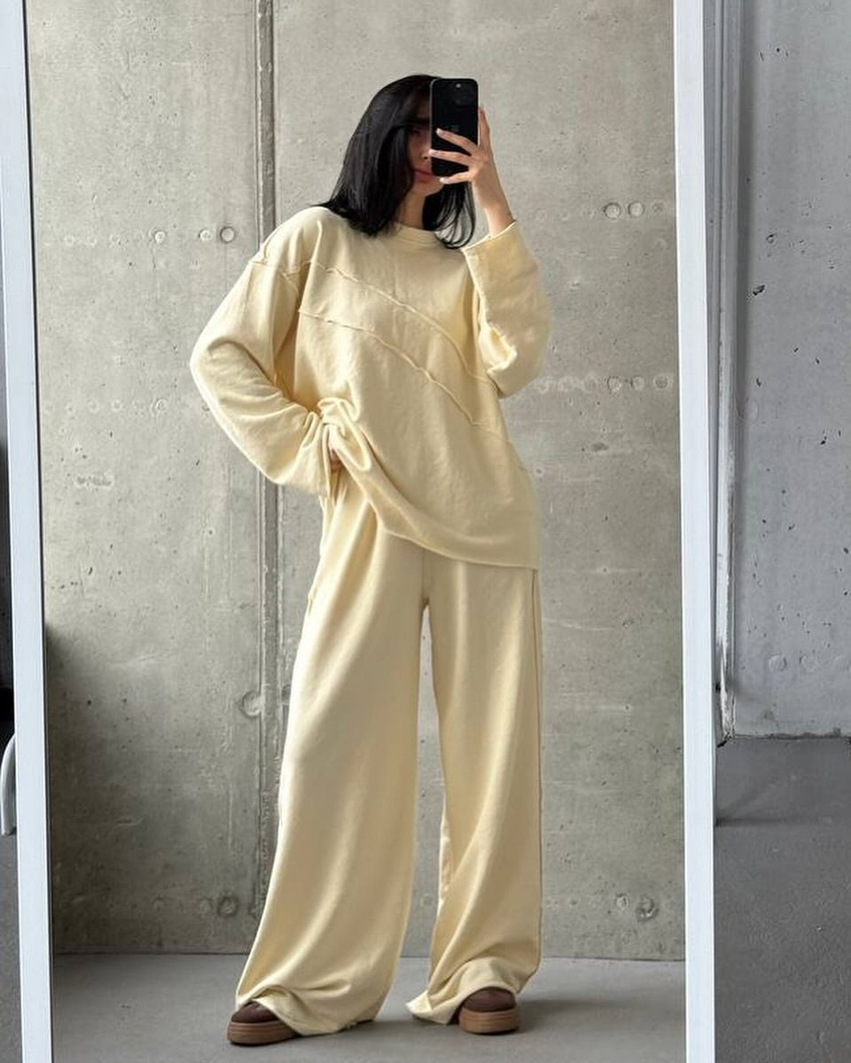 Damen weiches Oversize Lounge-Set mit diagonalem Ziernähten und extra weiter Palazzo-Hose – Élanora