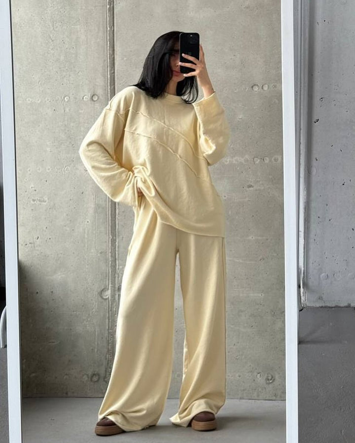 Damen weiches Oversize Lounge-Set mit diagonalem Ziernähten und extra weiter Palazzo-Hose – Élanora