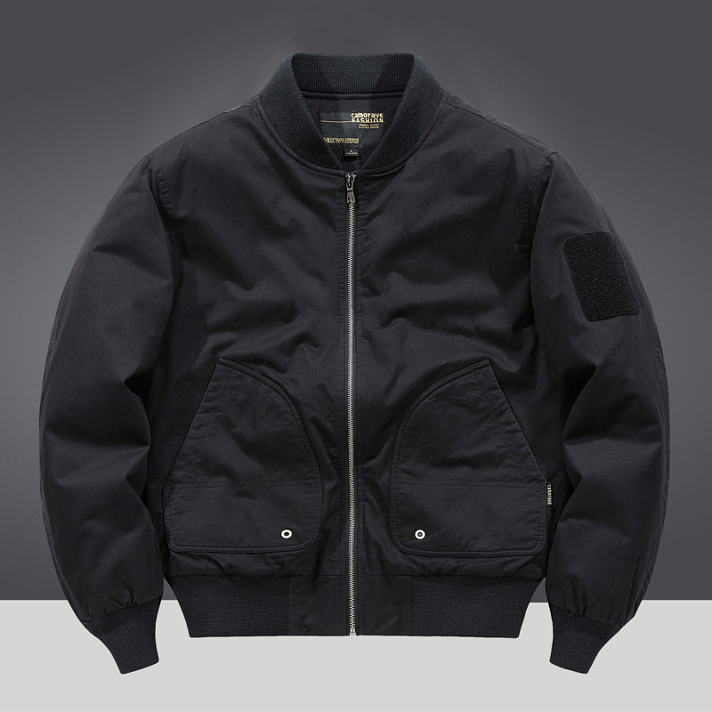 Men's military-inspired heavyweight cotton bomber jacket with curved flap utility pockets and sleeve velcro patch – Brevano