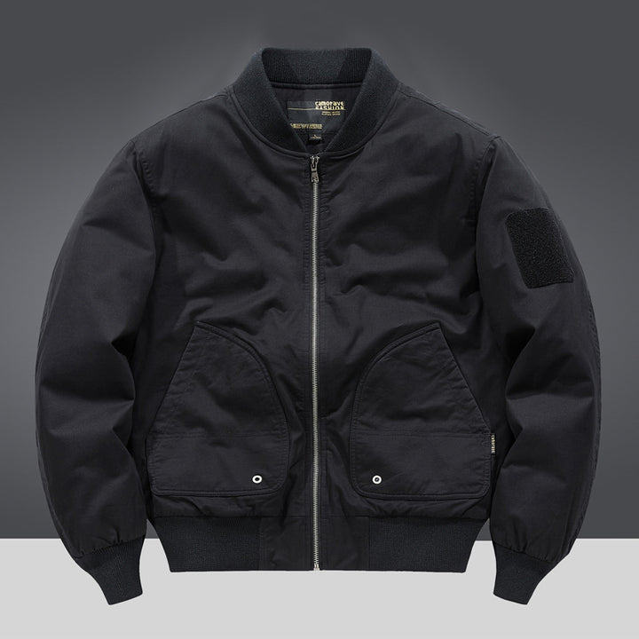 Men's military-inspired heavyweight cotton bomber jacket with curved flap utility pockets and sleeve velcro patch – Brevano