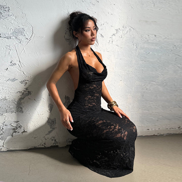 Damen Elegantes Spitzen-Maxikleid mit tiefem V-Ausschnitt und figurformendem Design Echo Archiv