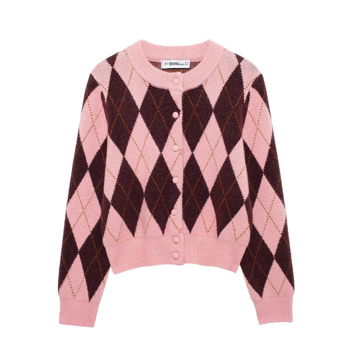 Damen Kurze Rauten‑Argyle‑Strickjacke mit Rundhals und stoffbezogenen Knöpfen Echoarchiv