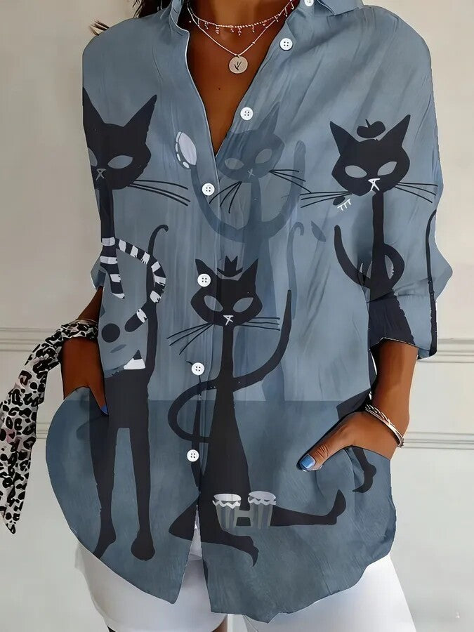Damen Modische Hemdbluse mit einzigartigem Katzenmotiv Echoarchiv