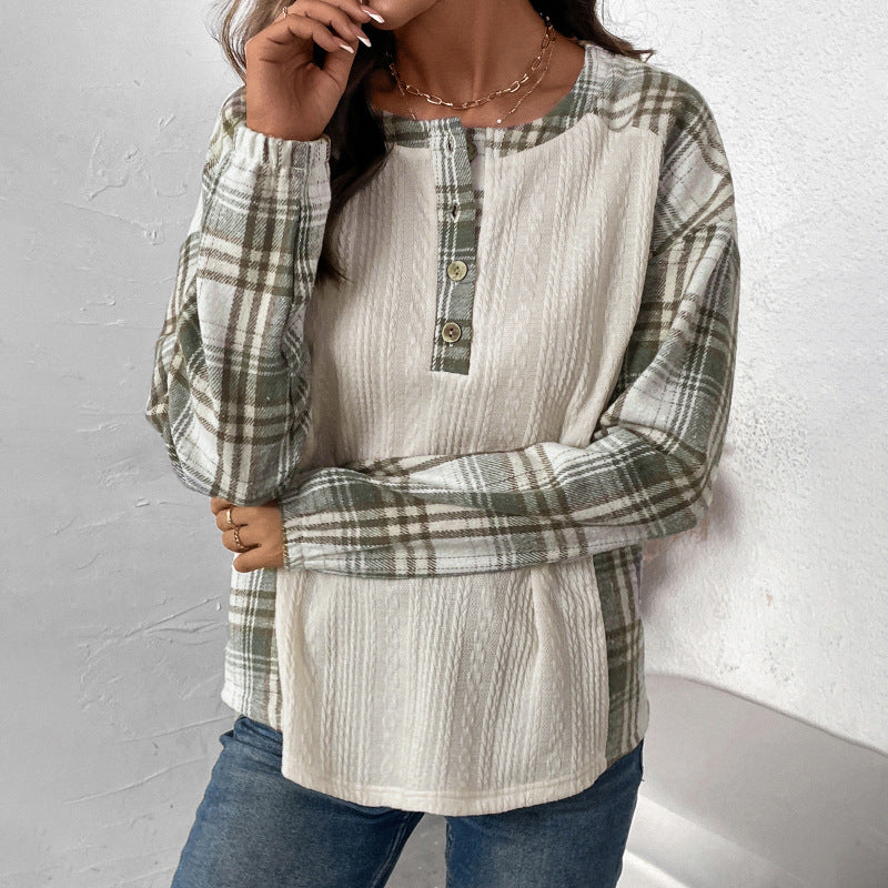 Damen Langärmeliges Strick-Blend-Shirt mit Karo-Ärmeln, Henley-Knopfleiste & Strukturmix Echoarchiv