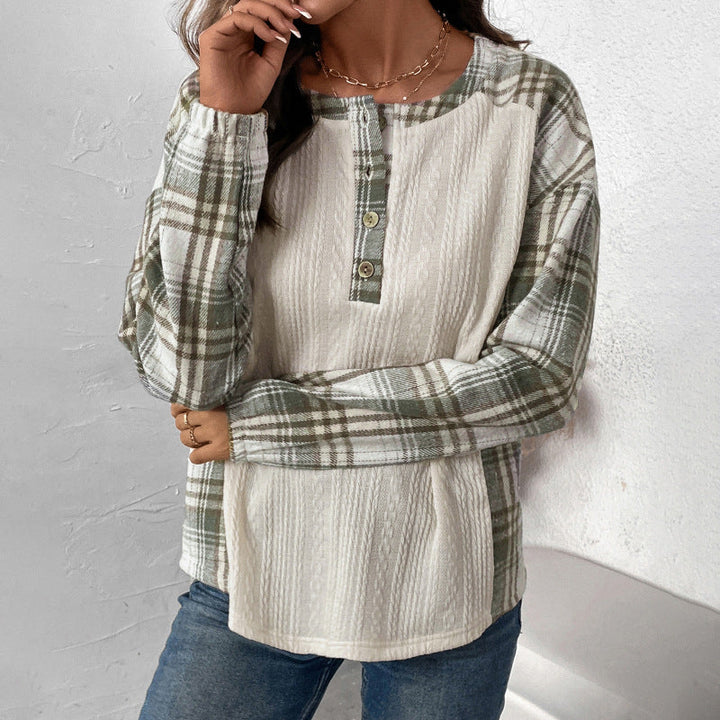 Damen Langärmeliges Strick-Blend-Shirt mit Karo-Ärmeln, Henley-Knopfleiste & Strukturmix Echoarchiv