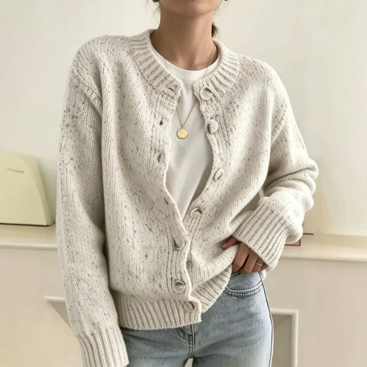 Damen Grobgestrickter Kurzcardigan mit Rundhalsausschnitt und meliertem Tweed-Effekt – Veloura