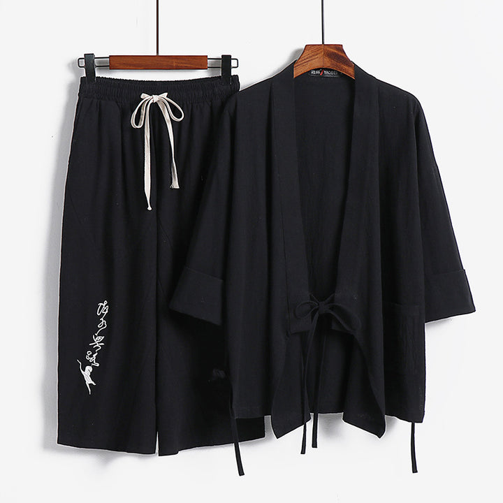 Unisex Leichtes Kimono-Loungewear-Set aus Baumwoll-Leinen mit bestickter Haremshose und Bindegürtel Echoarchiv