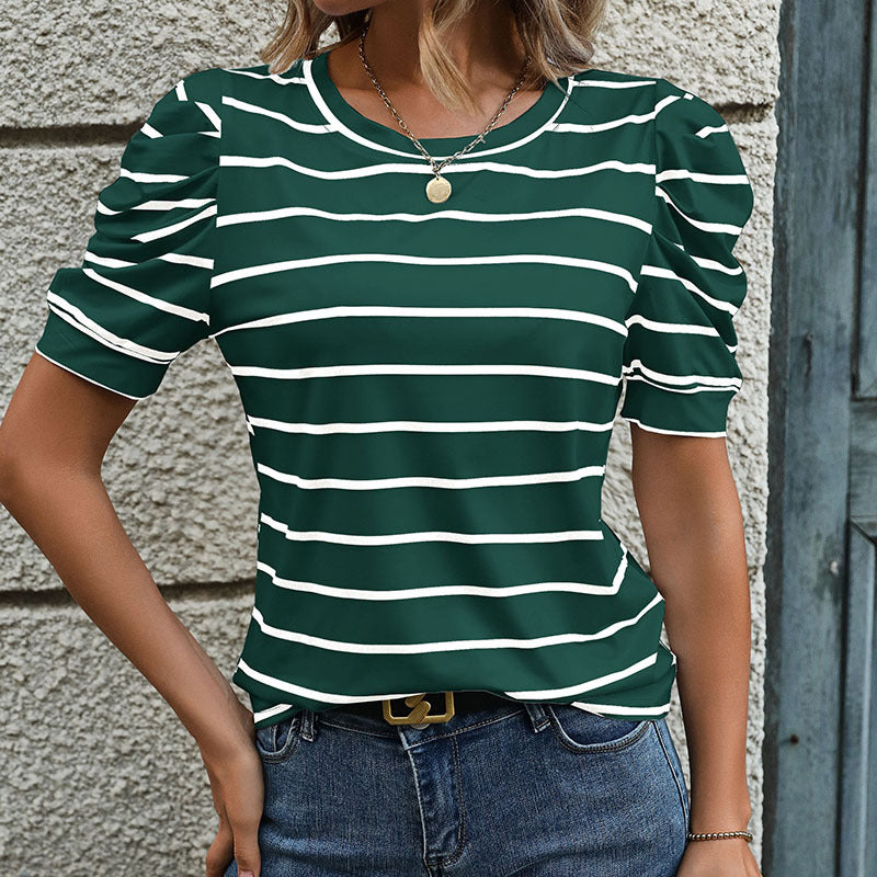 Damen T-Shirt mit Dekorativen Puffärmeln und Modernem Streifenmuster Echoarchiv
