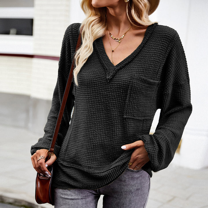 Damen nan Waffelstruktur V‑Neck Pullover mit aufgesetzter Brusttasche und überschnittenen Ärmeln Echo Archiv