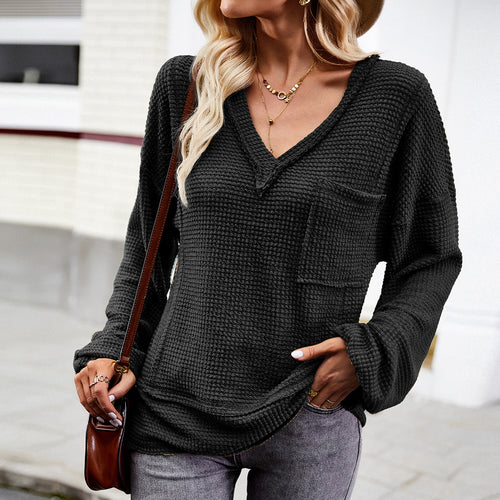 Damen nan Waffelstruktur V‑Neck Pullover mit aufgesetzter Brusttasche und überschnittenen Ärmeln Echo Archiv