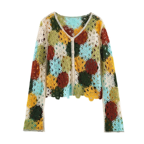 Damen Leichter Häkel-Cardigan mit floralen Häkelmotiven und Knopfleiste Echoarchiv