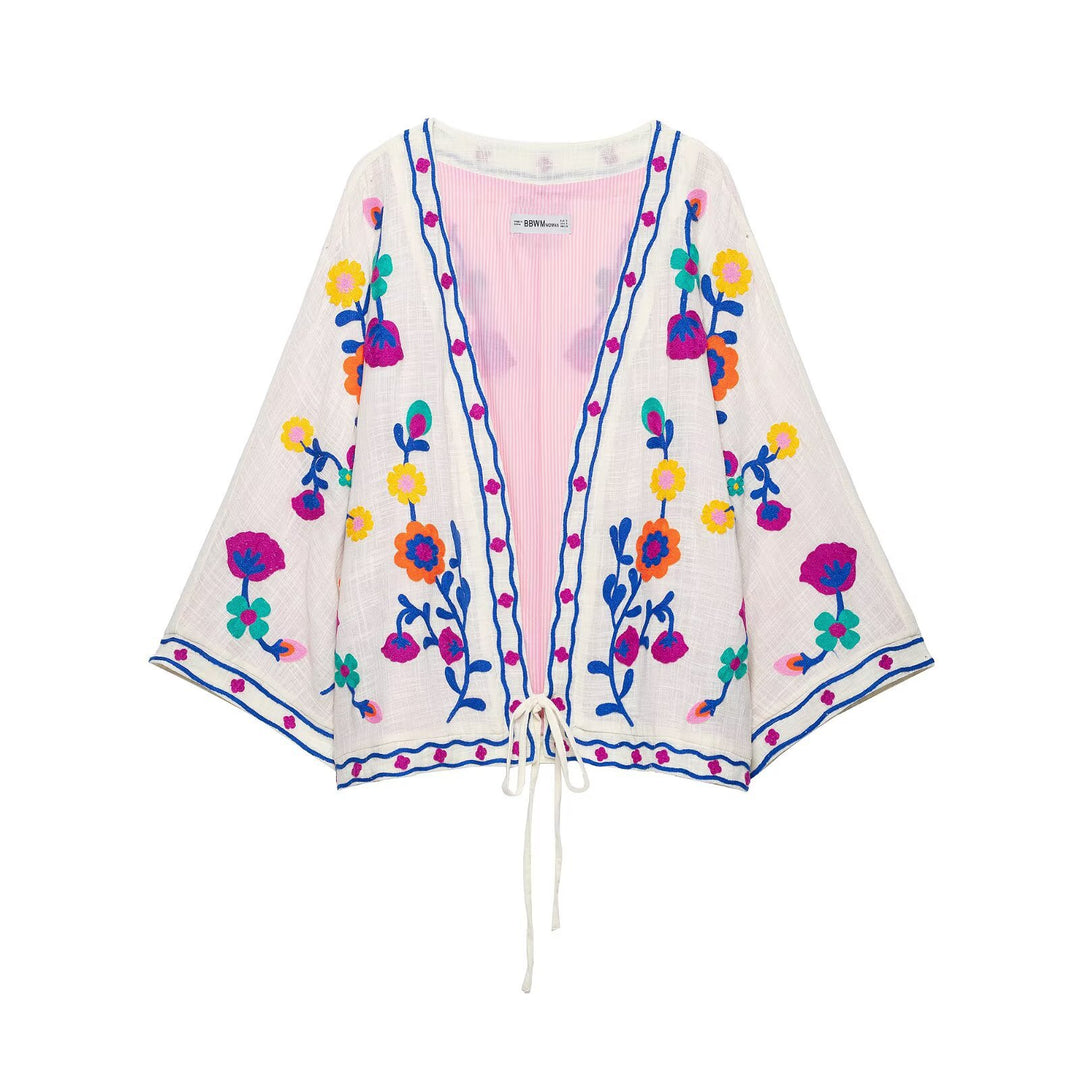 Damen Bestickter Kimono-Blouson mit Tunnelzug und floraler Stickerei Echo Archiv