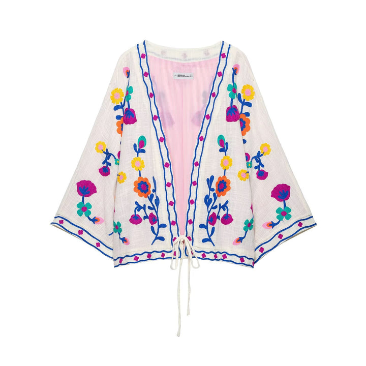 Damen Bestickter Kimono-Blouson mit Tunnelzug und floraler Stickerei Echo Archiv