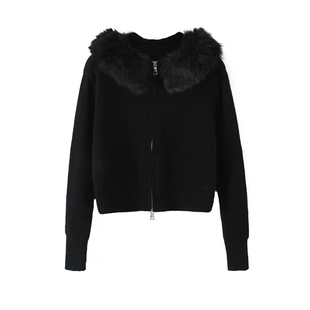 Damen Kurzgeschnittene Strickjacke mit Reißverschluss und abnehmbarem Kunstfellkragen Echoarchiv