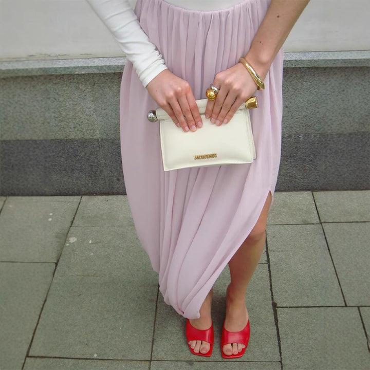 Damen Asymmetrisches One-Shoulder Maxikleid mit drapiertem Oberteil, langem Plissee‑Rock und Beinschlitz Echoarchiv