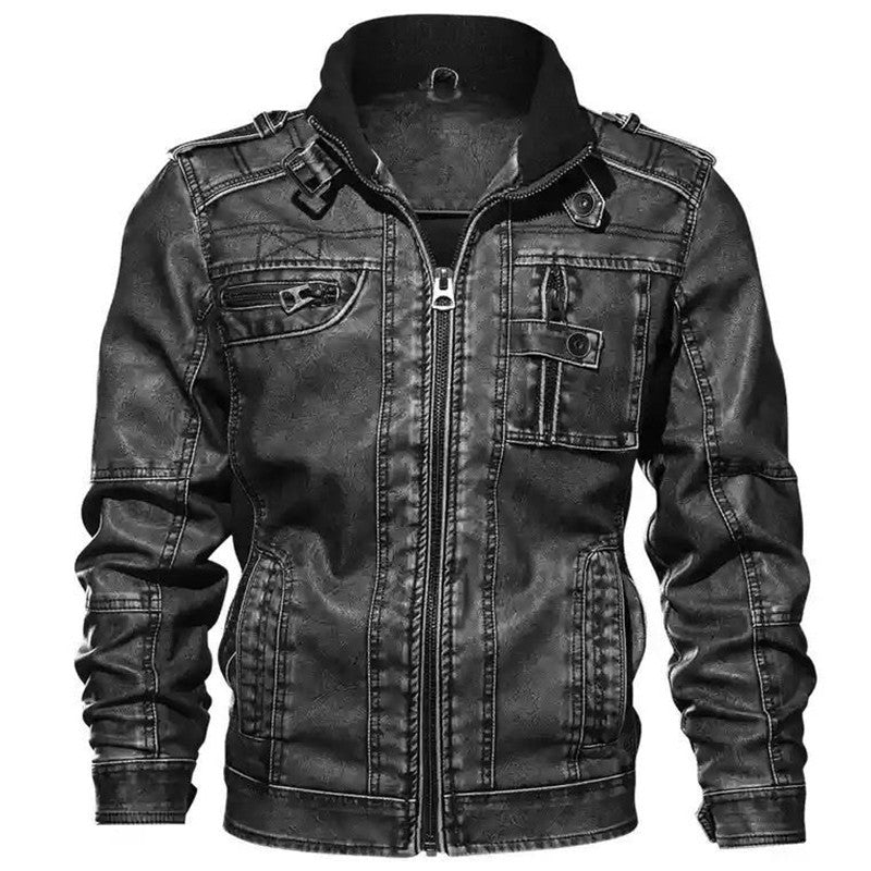 Herren Lässige Kunstleder-Bikerjacke mit Stehkragen, Reißverschluss-Front und Utility-Taschen Echoarchiv