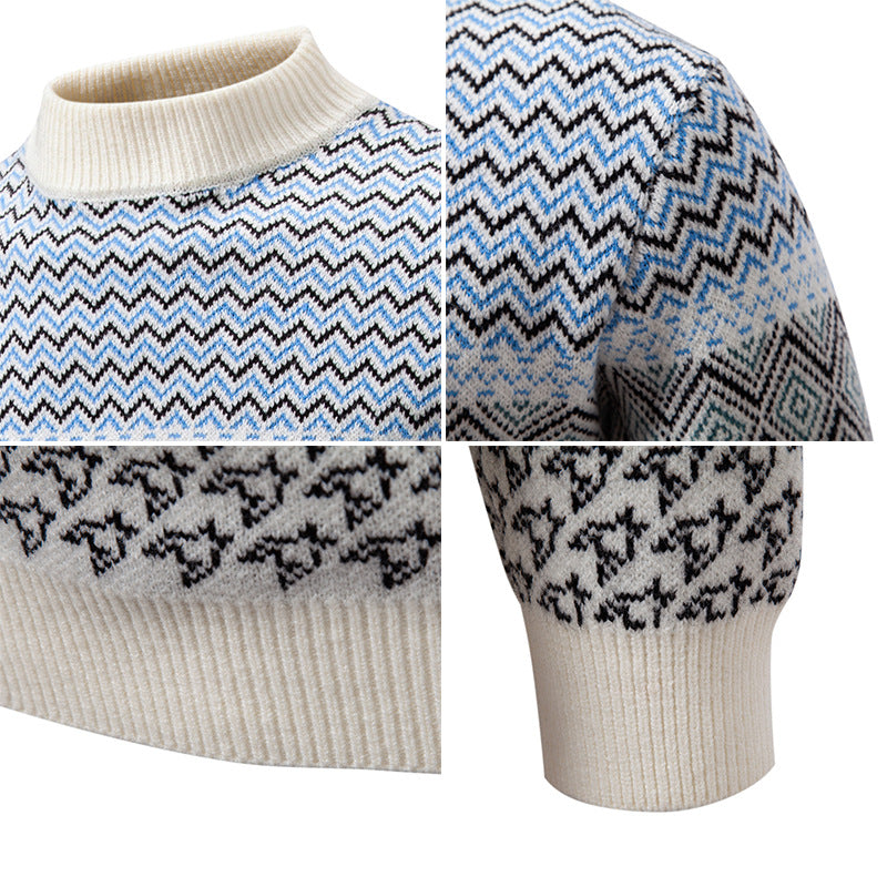Herren Feinstrick-Mockneck-Pullover mit geometrischem Jacquard und gerippten Abschlüssen Echo Archiv