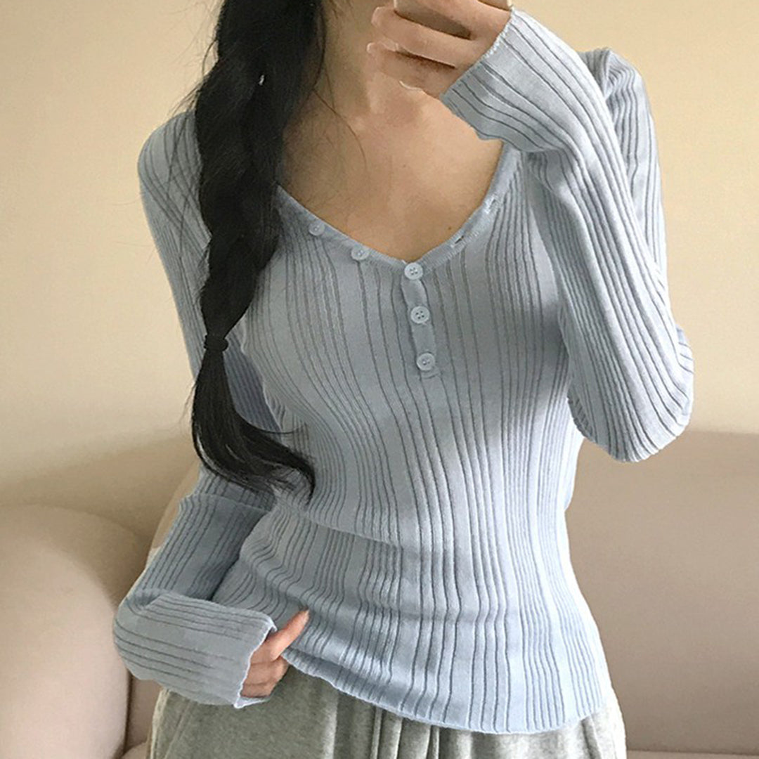 Damen nan feinstrukturierter Rippstrick-Longsleeve mit V-Ausschnitt, Henley-Knopfleiste und taillierter Passform Echo Archiv