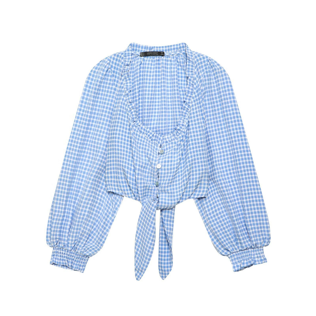 Damen Cropped-Bindeshirt mit Vichy-Karo, Rüschensaum und Ballonärmeln Echoarchiv