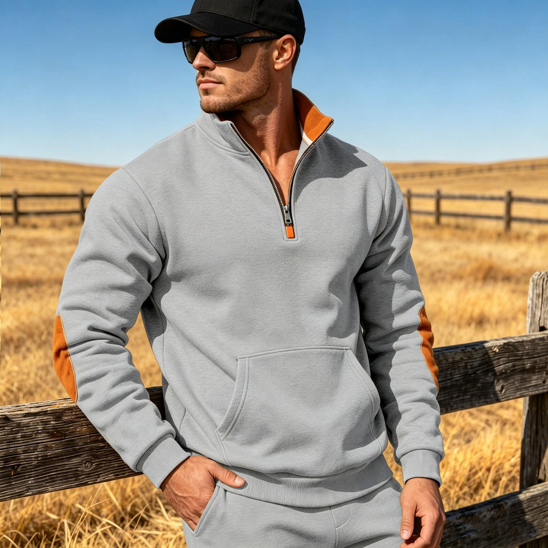 Herren Athletisches Halbzip-Sweatshirt mit Ellenbogenpatches und Kängurutasche Echoarchiv