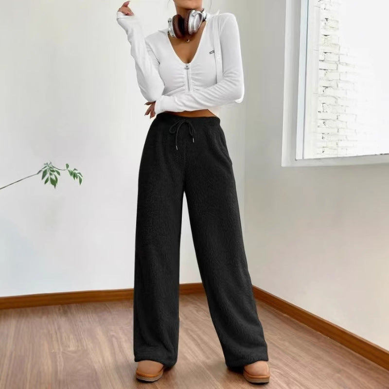 Damen nan hochtaillierte Teddyfleece-Loungehose mit weitem Bein, Kordelzug und seitlichen Eingrifftaschen Echo Archiv