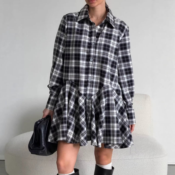 Damen Kariertes Hemdblusen-Minikleid mit ausgestellter Volant-Taille Echoarchiv