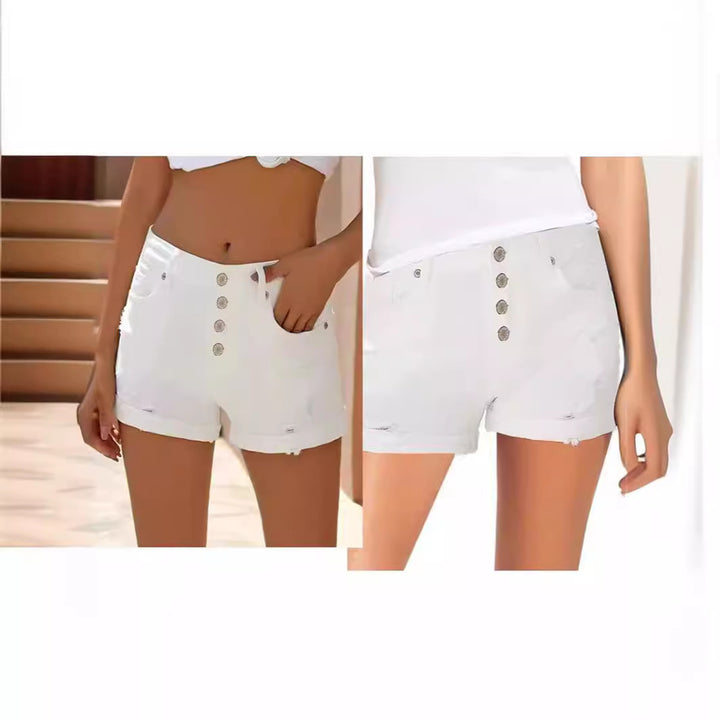 Damen modische High-Waist Denim-Shorts mit Knopfdetails und ausgefranstem Saum Echo Archiv