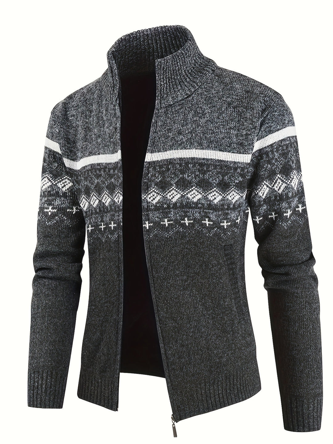 Herren Thermo-Strickjacke mit Stehkragen und Reißverschluss Norwegerstrick Fleece-gefüttert – Taviero