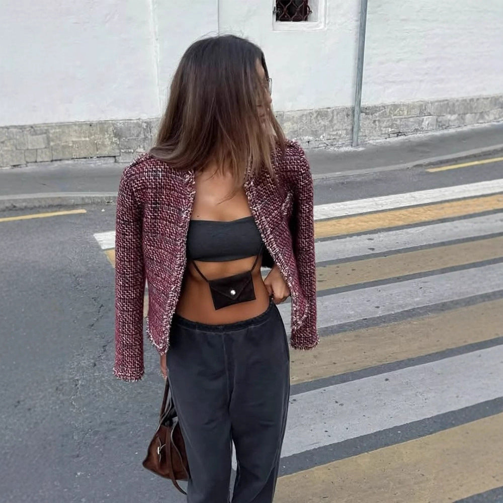 Damen Kurze Bouclé-Tweed-Jacke mit Fransenbesatz und Zierknöpfen Echoarchiv