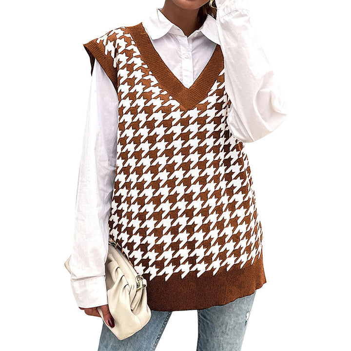 Damen Oversize Strickweste mit Hahnentritt‑Muster und tiefem V‑Ausschnitt Echoarchiv