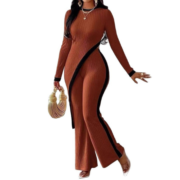 Damen nan eleganter Rippen-Jumpsuit mit asymmetrischer Wickeloptik, taillierendem Cut-Out und kontrastierenden Seitenstreifen Echo Archiv