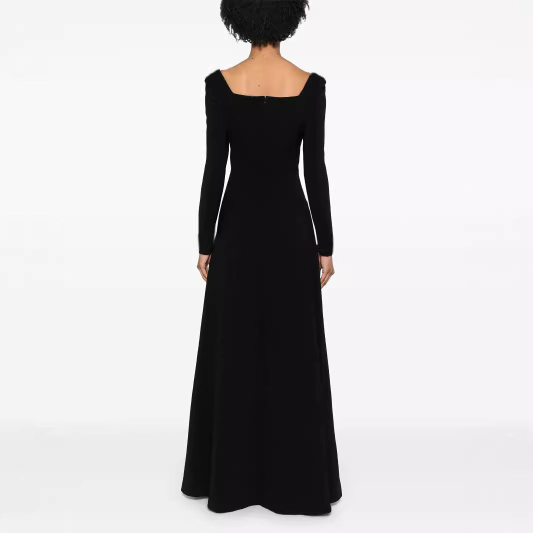 Damen Maxilanges Abendkleid im minimalistischen A-Linien-Schnitt mit quadratischem Ausschnitt und langen Ärmeln Echoarchiv