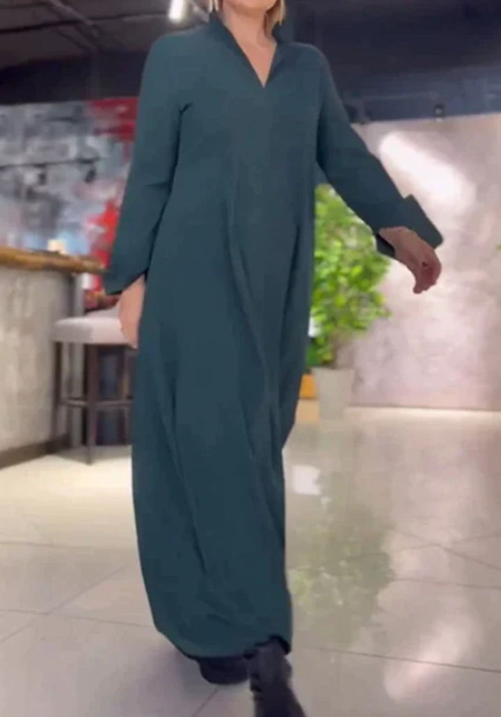 Damen Lange Maxi Kleid mit Stehkragen, Seitentaschen und Lockerem Fall Echoarchiv