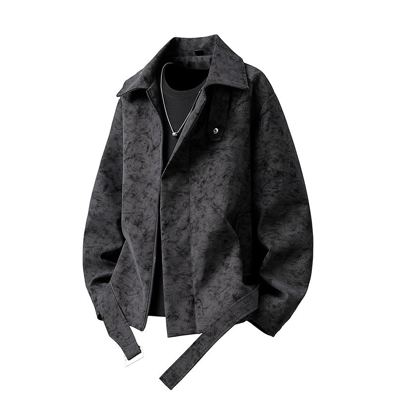 Herren Kurz geschnittene Velours-Optik Jacke mit Hemdkragen, Gürteldetail & verdecktem Reißverschluss Echoarchiv