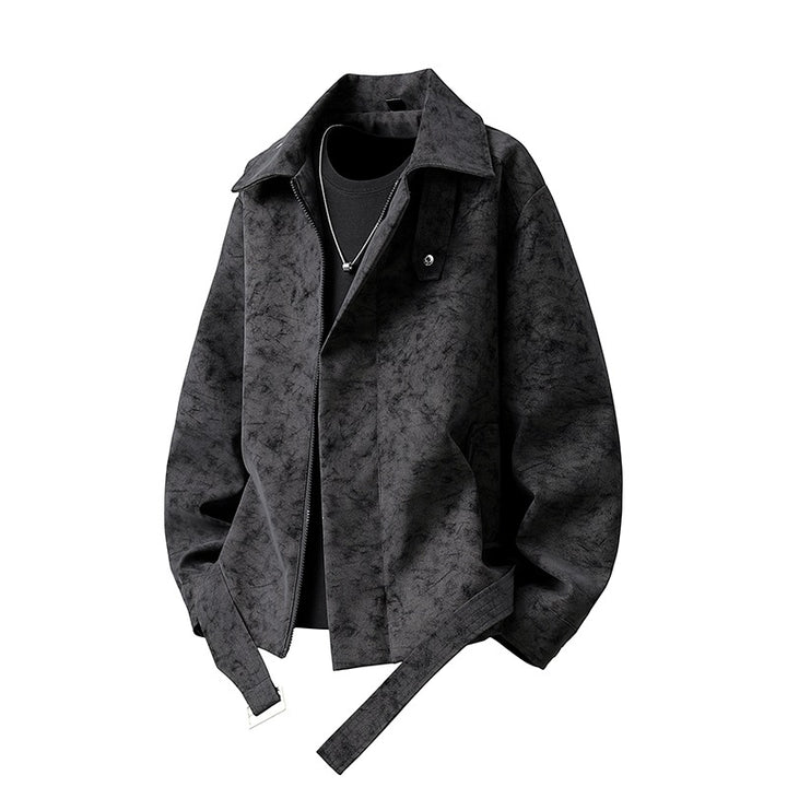 Herren Kurz geschnittene Velours-Optik Jacke mit Hemdkragen, Gürteldetail & verdecktem Reißverschluss Echoarchiv
