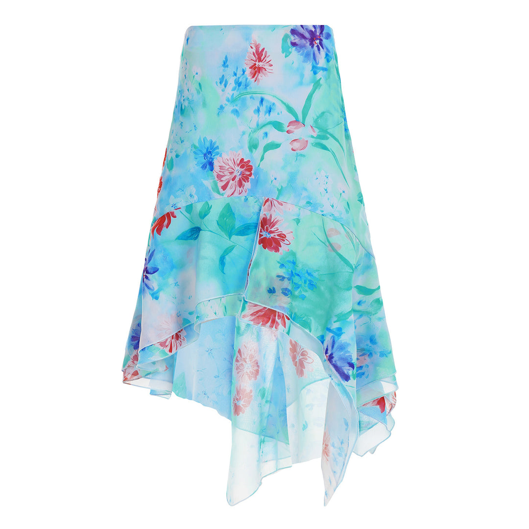 Damen asymmetrischer Rüschenrock aus floralem Chiffon Echo Archiv