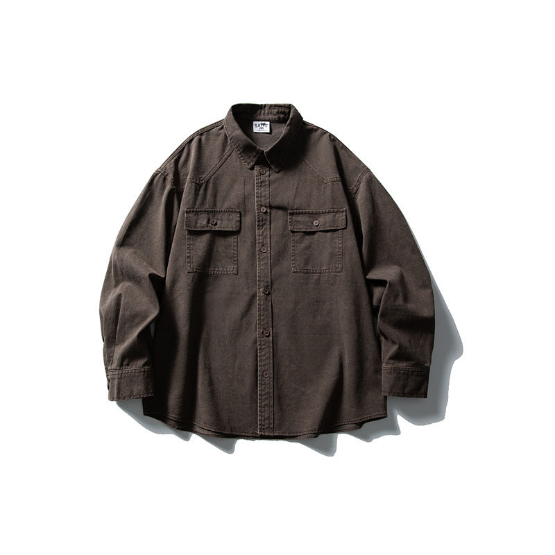 Unisex Oversize Baumwoll-Denim Hemdjacke mit aufgesetzten Brusttaschen und gerundetem Saum Echoarchiv