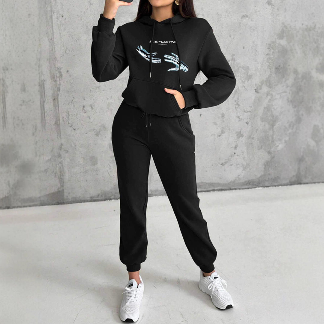 Damen Kapuzenpullover im Cropped-Schnitt mit Kängurutasche und grafischem Hand-Print – Auréline