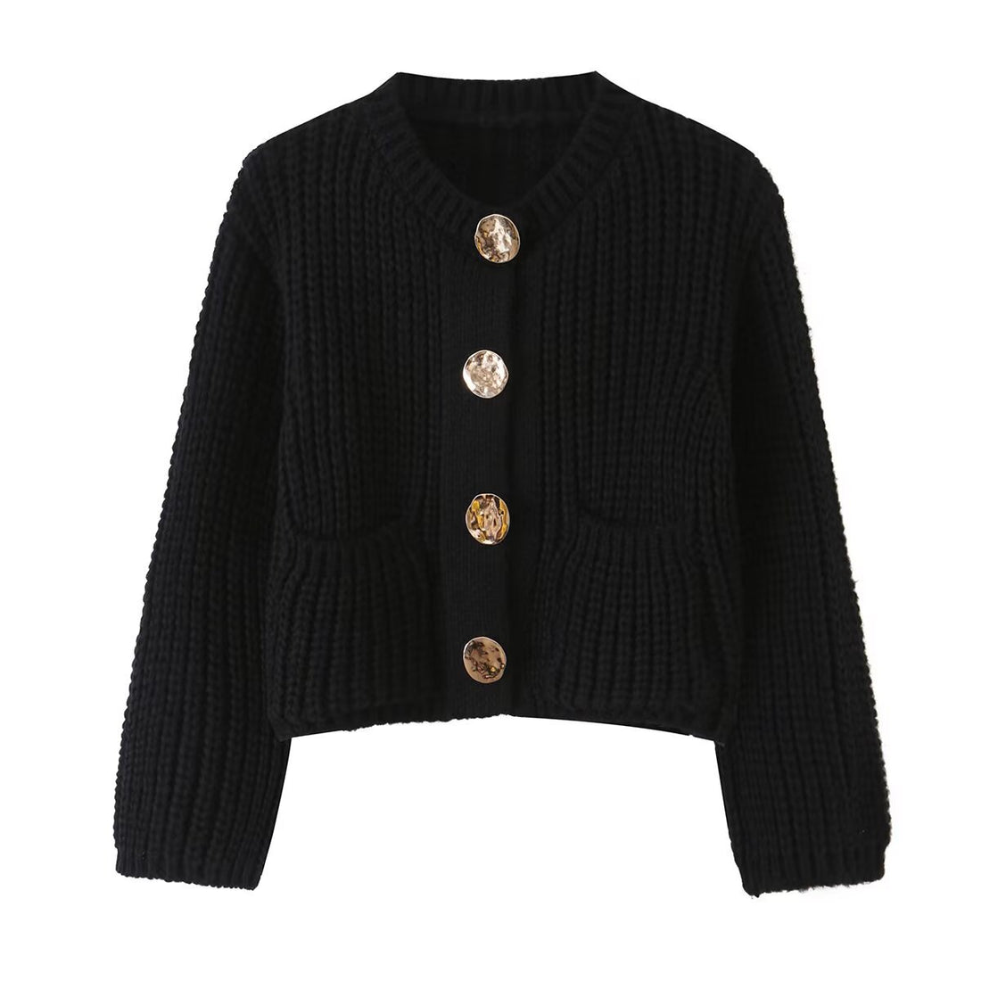 Damen Grobgestrickte Kurzstrickjacke mit großen Zierknöpfen und aufgesetzten Taschen Echo Archiv
